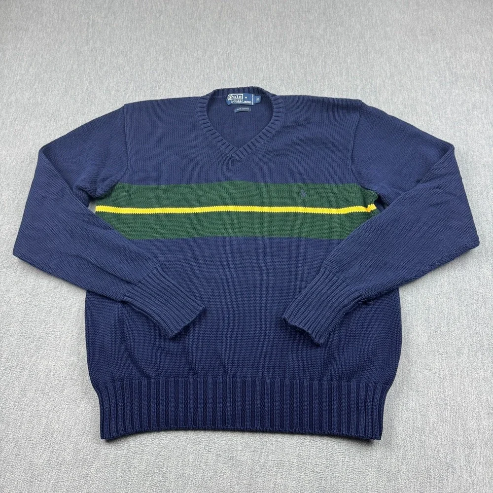 Vintage Polo Ralph Lauren Sweater Mens Medium Blue V Neck‎ Pullover Cotton Knit